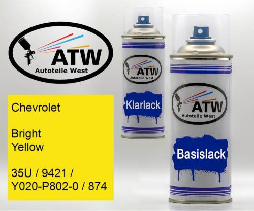 Chevrolet, Bright Yellow, 35U / 9421 / Y020-P802-0 / 874: 400ml Sprühdose + 400ml Klarlack - Set, von ATW Autoteile West.